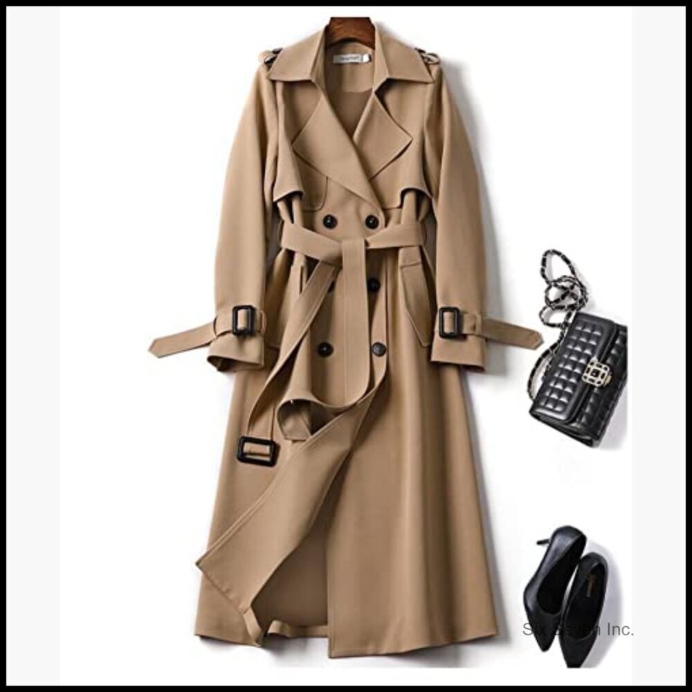 Double Breasted Long Trench Coat Belted Notch Lapel Overcoat Windproof - Picture 3 of 5